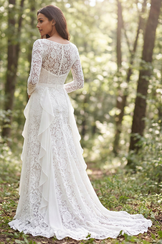 Ivory Lace Ruffled Boat Neck Long Sleeves Sweep Train Boho Wedding Dress with Slit