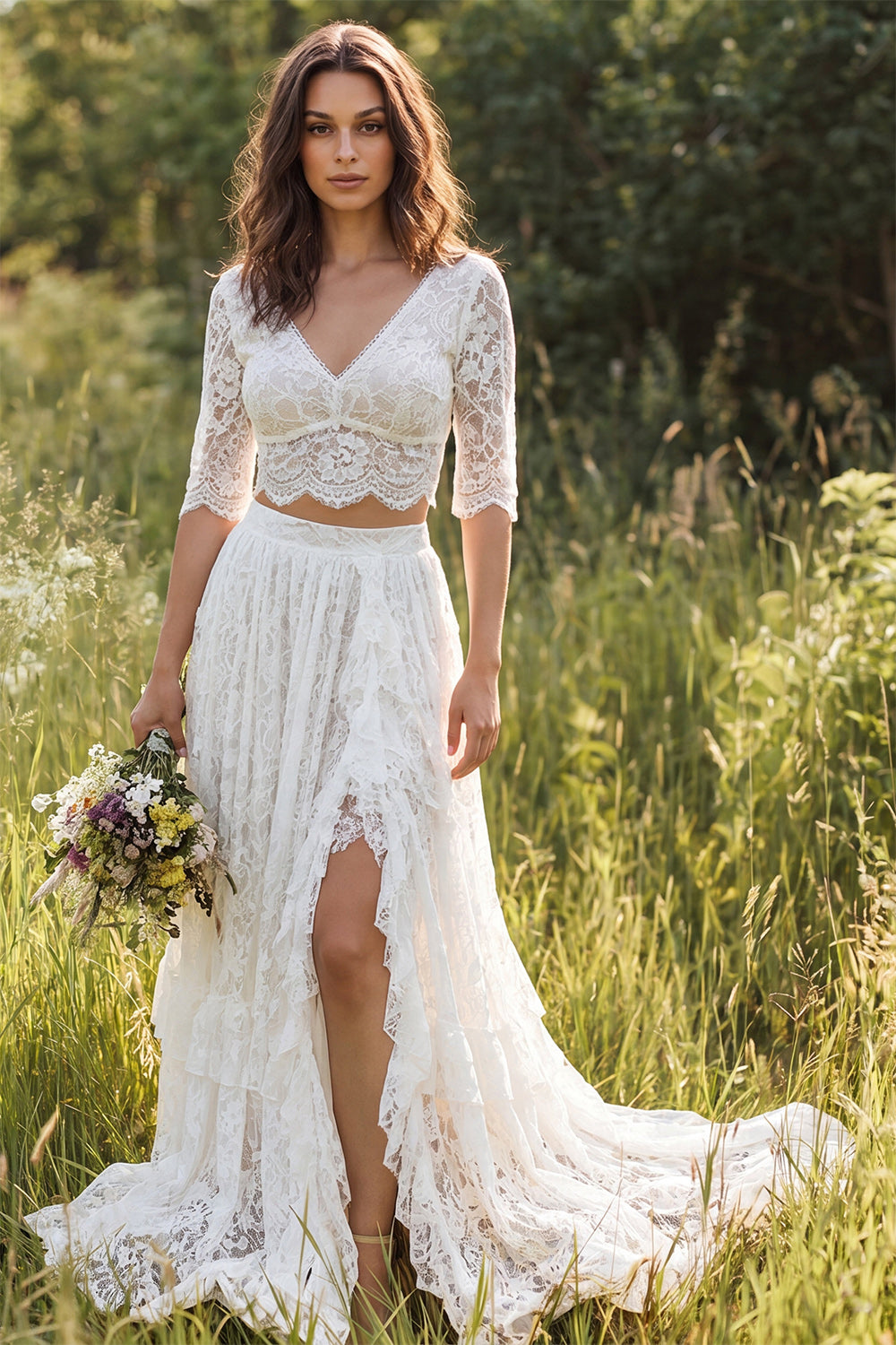 Ivory Two Piece Lace Ruffled Sweep Train Boho Wedding Dress with Sleeves