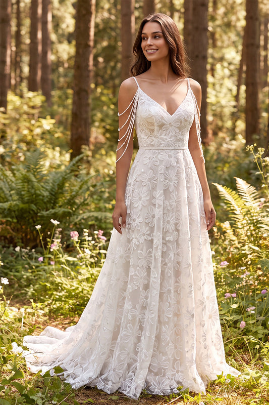 Ivory A-Line Cold Shoulder Floral Sweep Train Boho Wedding Dress
