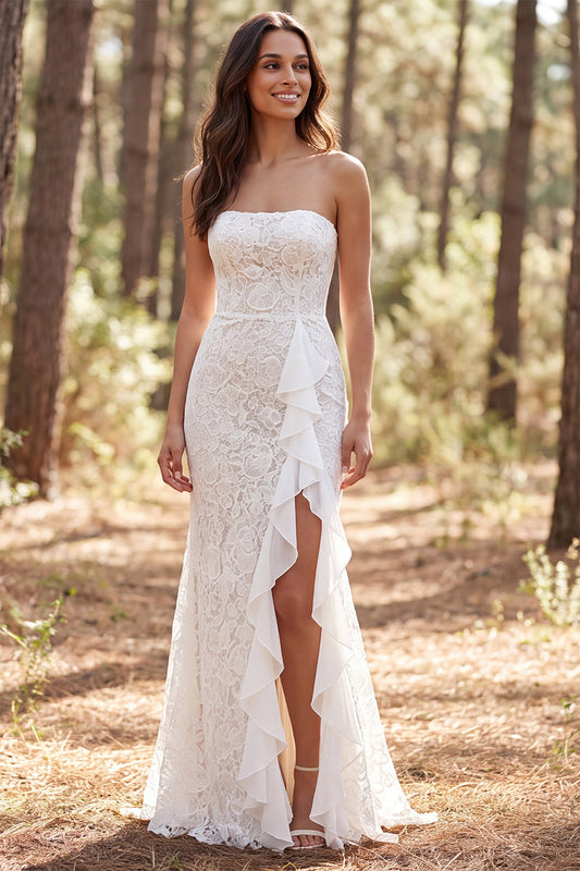 Ivory Lace Mermaid Ruffled Sweep Train Boho Wedding Dress