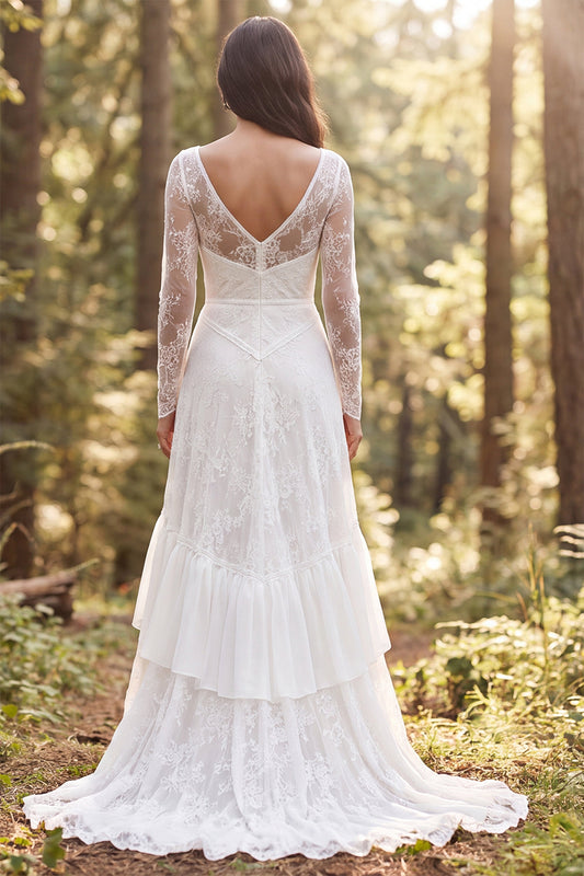 Ivory A-Line Long Sleeves Ruffled Sweep Train Boho Wedding Dress with Slit