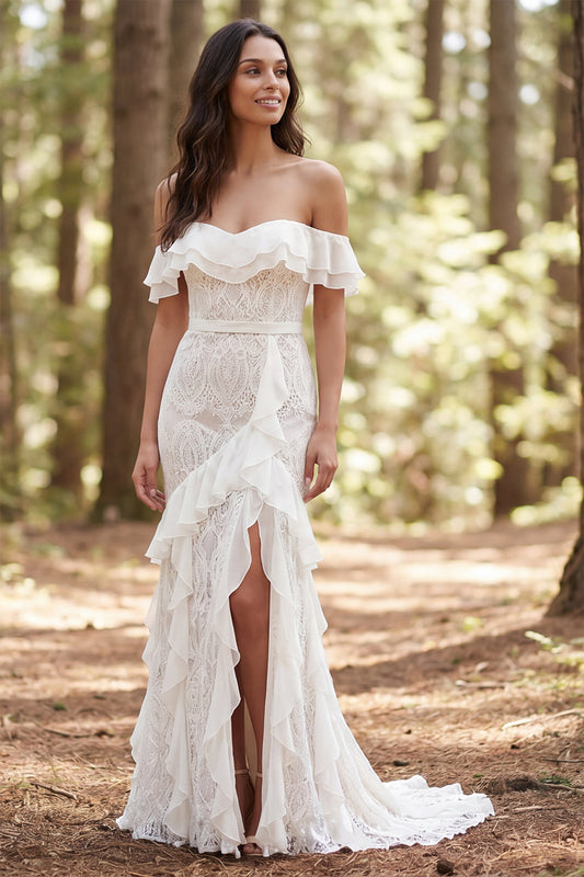 Ivory Mermaid Off the Shoulder Ruffled Sweep Train Boho Wedding Dress
