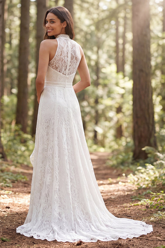 Ivory A-Line High Neck Lace Sweep Train Boho Wedding Dress with Slit