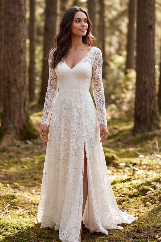 Ivory A-Line V-Neck Lace Long Sleeves Sweep Train Boho Wedding Dress
