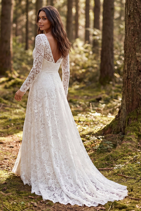 Ivory A-Line V-Neck Lace Long Sleeves Sweep Train Boho Wedding Dress