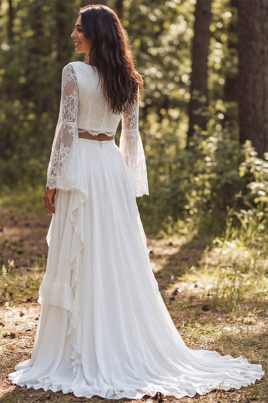 Ivory Chiffon Two Piece Boat Neck Ruffled Sweep Train Beach Wedding Dress
