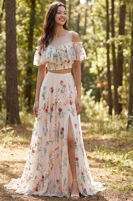 Ivory Two Piece Floral A Line Sweep Train Boho Wedding Dress with Slit
