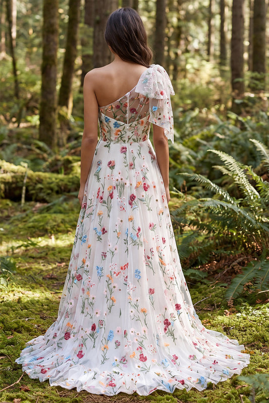 Ivory A-Line One Shoulder Floral Sweep Train Boho Wedding Dress with Bow
