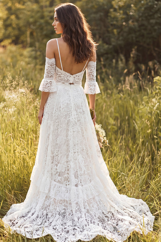 Ivory Two Piece V-Neck Lace Sweep Train Boho Wedding Dress with Slit
