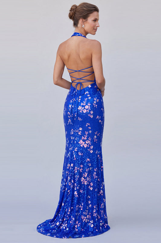 Royal Blue Sparkly Mermaid Halter Sequin Long Floral Formal Dress