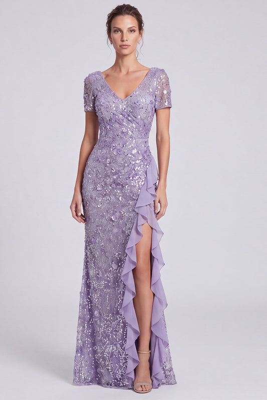 Lilac Floral Sparkly Ruffled Mermaid Sequin Long Formal Dress with Sleeves