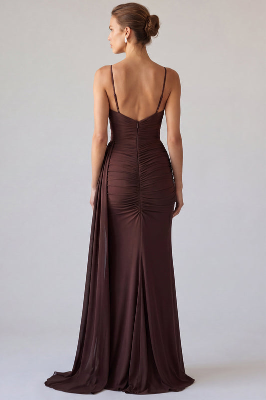 Brown Simple Mermaid Ruched Long Formal Dress with Sash