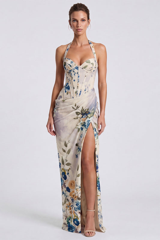 Ivory Floral Halter Corset Ruched Long Formal Dress with Slit