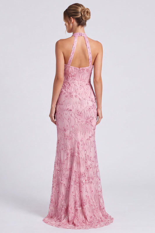 Pink Floral Sparkly Mermaid Beaded Keyhole Long Formal Dress with Slit