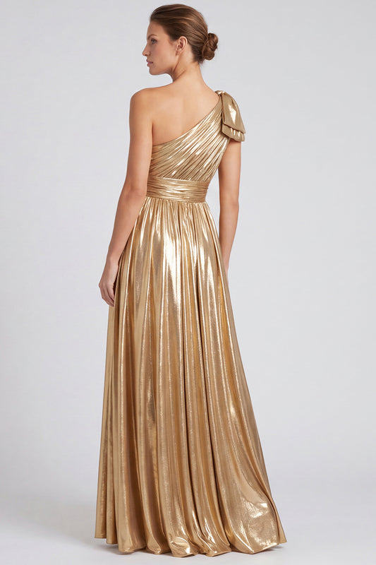 Gold Metallic A Line Pleated One Shoulder Long Formal Dress with Bow