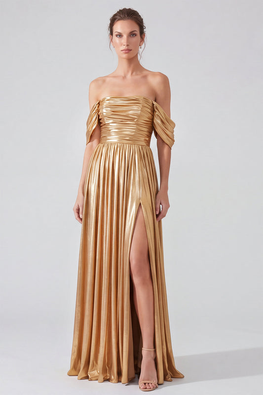 Gold A Line Pleated Metallic Long Formal Dress with Slit