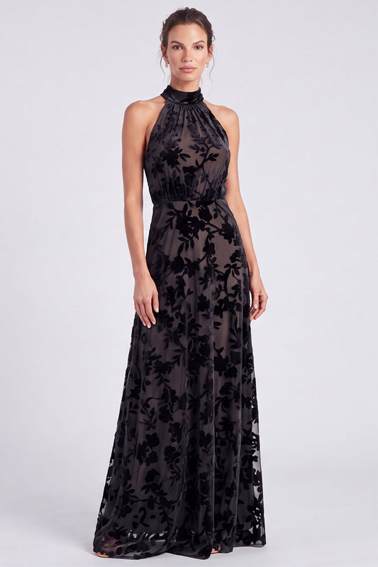 Black Floral A Line Long Halter Formal Dress with Bow