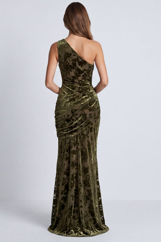 Olive Floral Mermaid One Shoulder Velvet Long Formal Dress