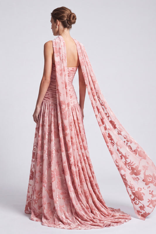 Pink Floral A Line Pleated Long Formal Dress with Neck Scarf