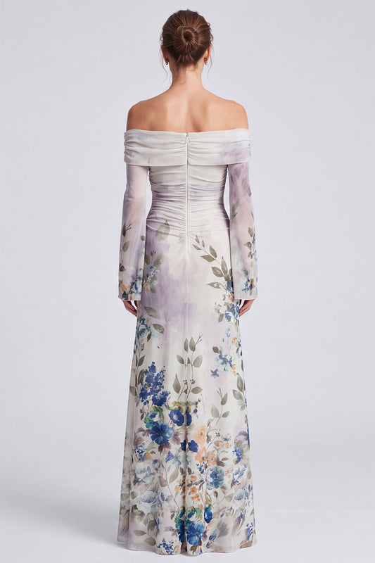 Ivory Floral Ruched Mermaid Long Formal Dress with Sleeves