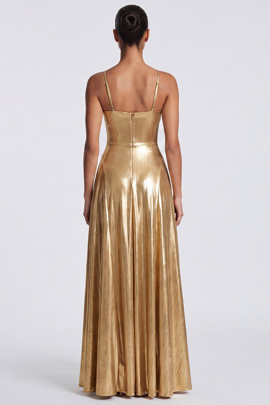 Gold A Line Long Metallic Spaghetti Straps Formal Dress