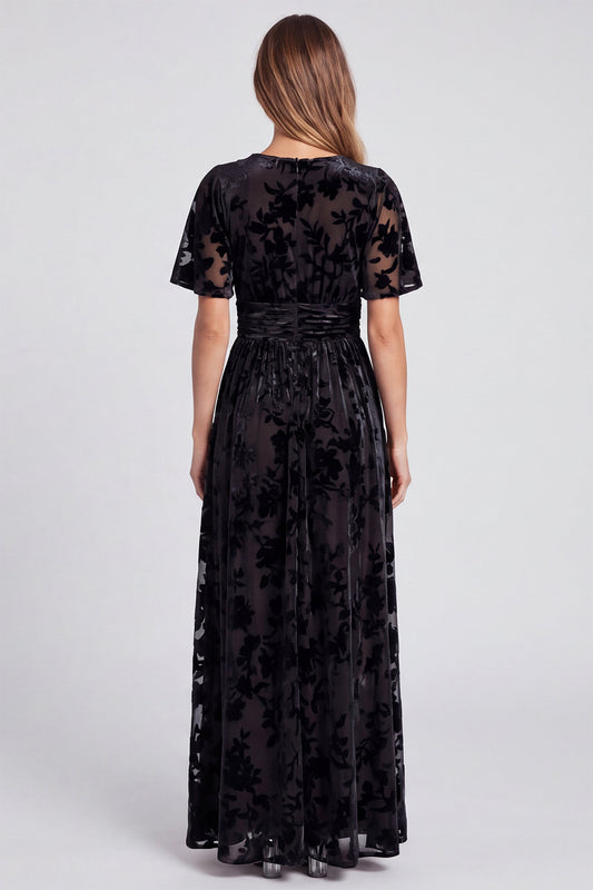 Black Floral Long Velvet A Line V-Neck Formal Dress with Slit