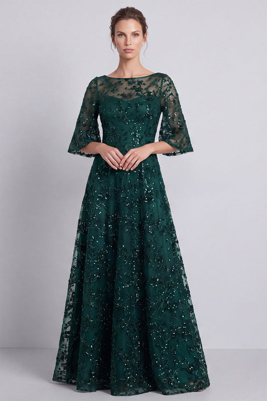 Dark Green A Line Floral Sparkly Long Beaded Formal Dress with Sleeves