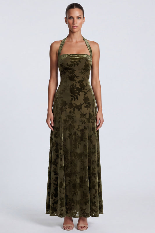 Olive Floral Sheath Halter Velvet Long Formal Dress