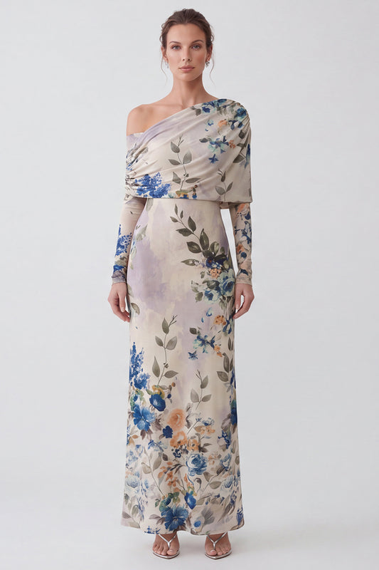 Ivory Floral Sheath One Shoulder Long Formal Dress with Sleeves
