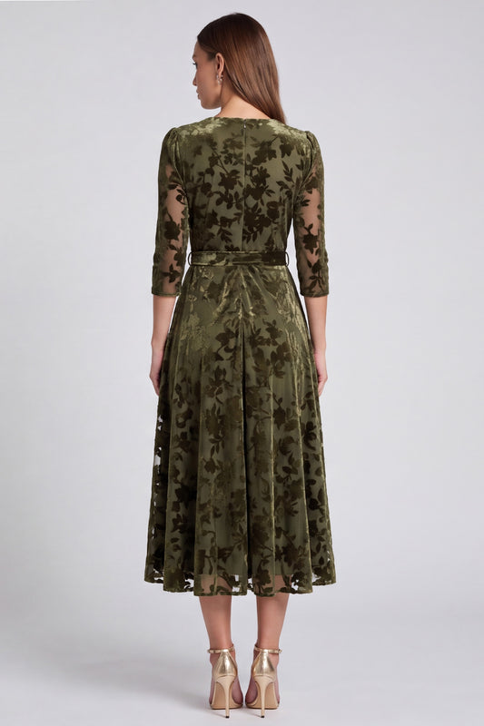 Olive Floral A Line V-Neck Velvet Midi Formal Dress with Sleeves