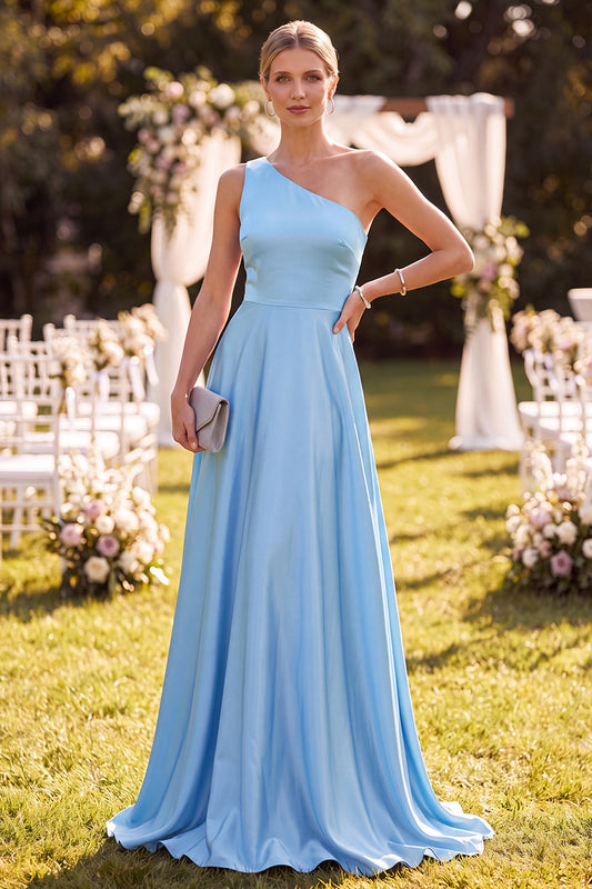 Sky Blue A Line Satin Simple One Shoulder Long Wedding Guest Dress
