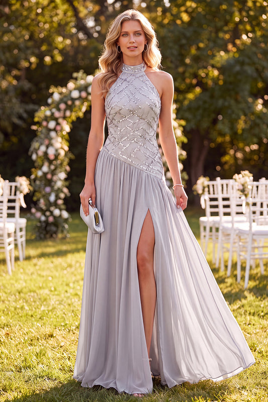 Light Grey Halter Chiffon Sequin Long Beach Wedding Guest Dress with Slit