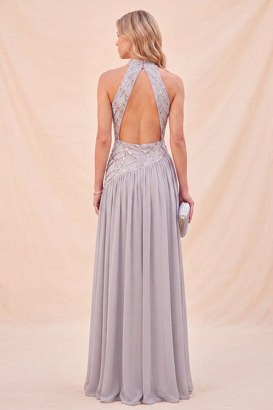 Light Grey Halter Chiffon Sequin Long Beach Wedding Guest Dress with Slit