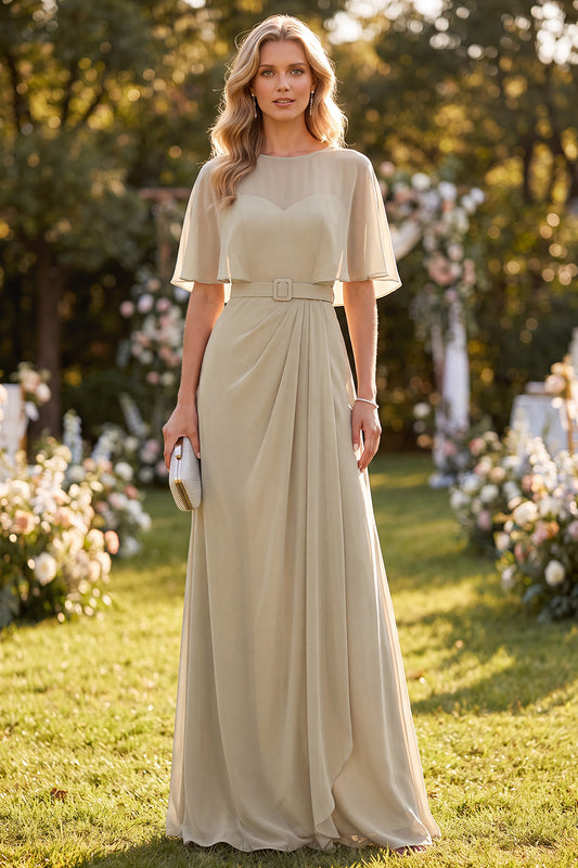 Taupe A Line Chiffon Half Sleeves Long Beach Wedding Guest Dress with Belt