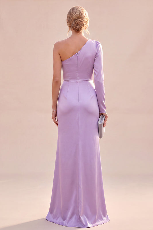 Light Purple Satin Mermaid Ruched Long Sleeve Wedding Guest Dress