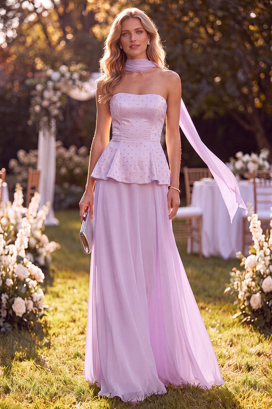 Light Purple Beaded Chiffon Long Beach Wedding Guest Dress with Neck Scarf