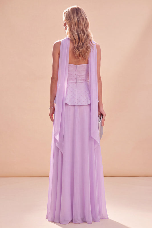 Light Purple Beaded Chiffon Long Beach Wedding Guest Dress with Neck Scarf