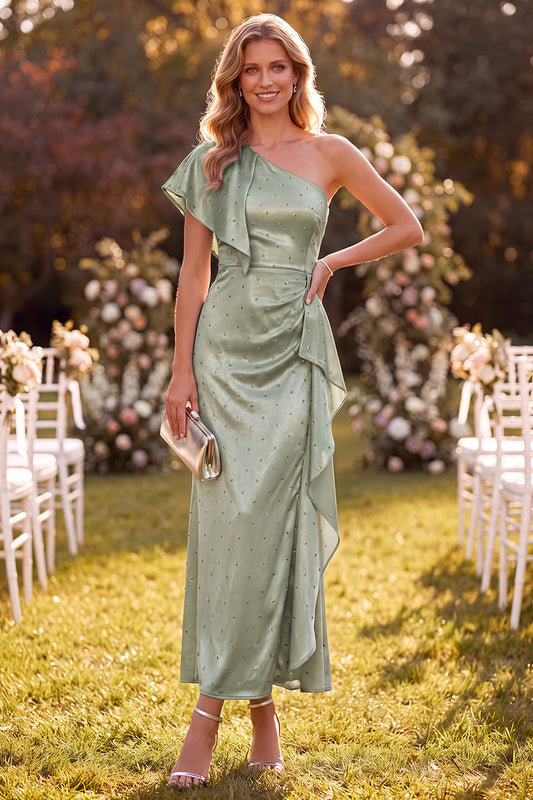 Dusty Sage Satin Beaded Ruffled Maxi Wedding Guest Dress with Sleeve