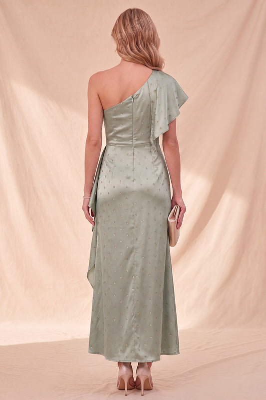 Dusty Sage Satin Beaded Ruffled Maxi Wedding Guest Dress with Sleeve