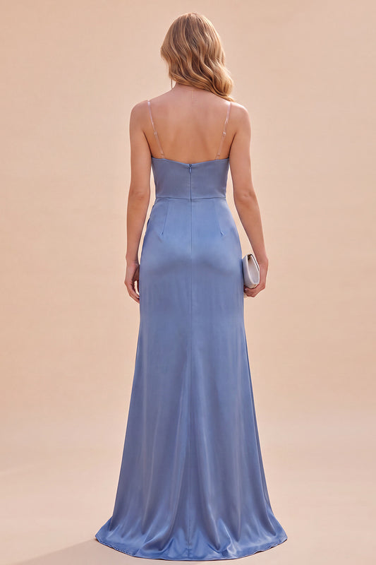 Slate Blue Mermaid Satin Ruched Long Wedding Guest Dress with Slit