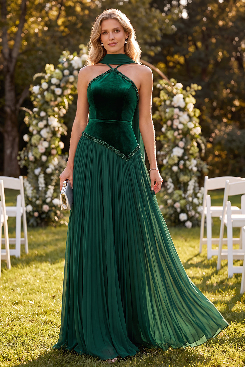 Zapakasa Women Dark Green Velvet Long Beaded Beach Wedding Guest Dress with Neck Scarf A Line Pleated Chiffon Halter Formal Dress