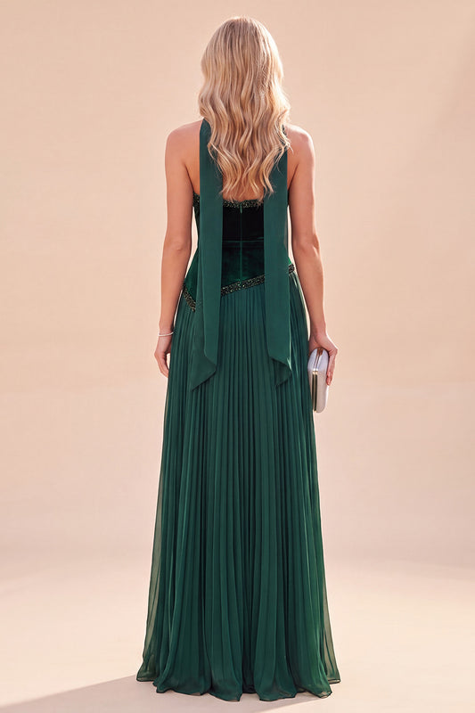 A Line Dark Green Velvet Pleated Long Beach Wedding Guest Dress with Neck Scarf