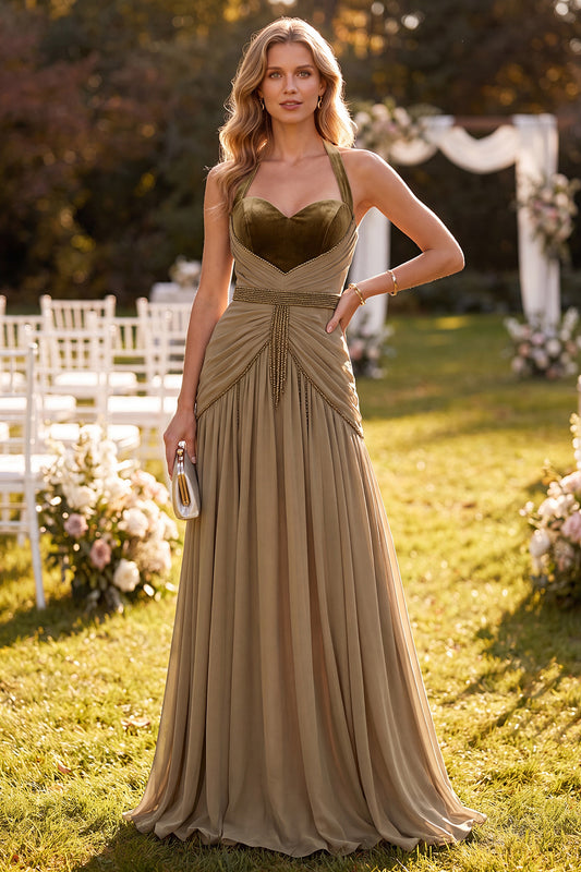 A Line Khaki Halter Pleated Beaded Long Beach Wedding Guest Dress