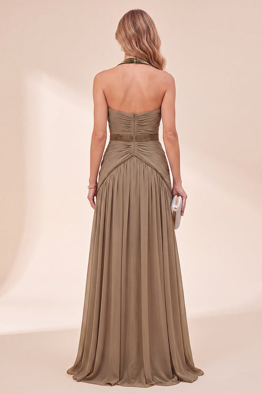 A Line Khaki Halter Pleated Beaded Long Beach Wedding Guest Dress
