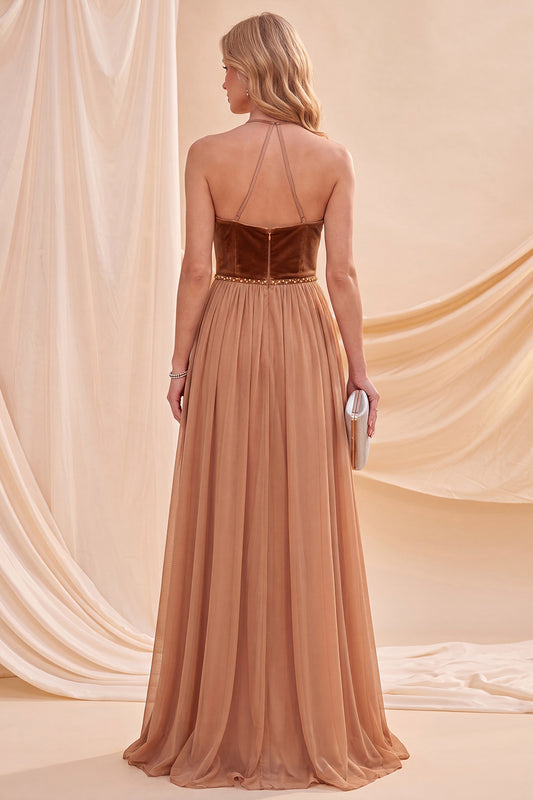 Khaki A Line Beaded Halter Ruched Long Beach Wedding Guest Dress