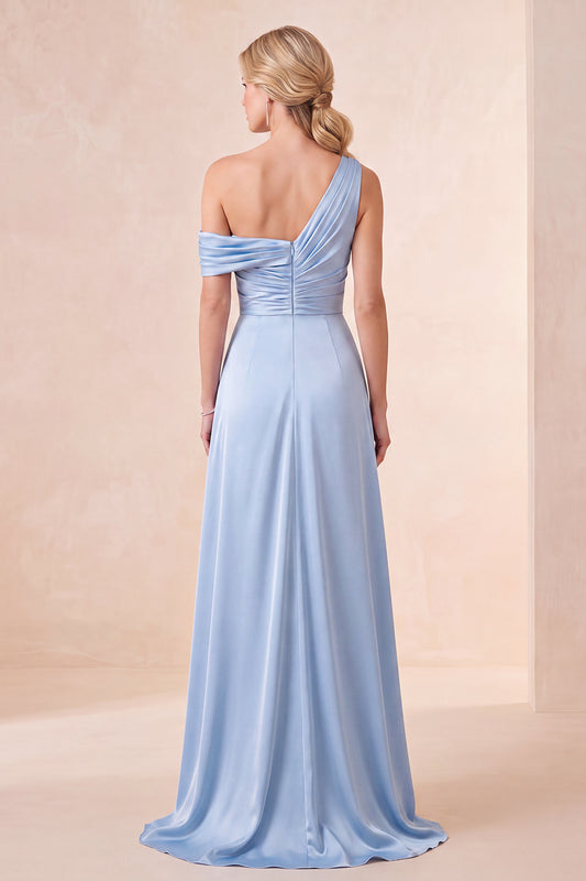 A Line Sky Blue Satin Simple One Shoulder Long Wedding Guest Dress
