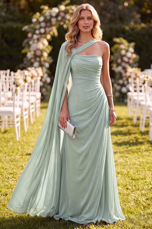 Mint Green One Shoulder Ruched Long Beach Wedding Guest Dress with Side Cape