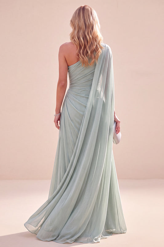 Mint Green One Shoulder Ruched Long Beach Wedding Guest Dress with Side Cape