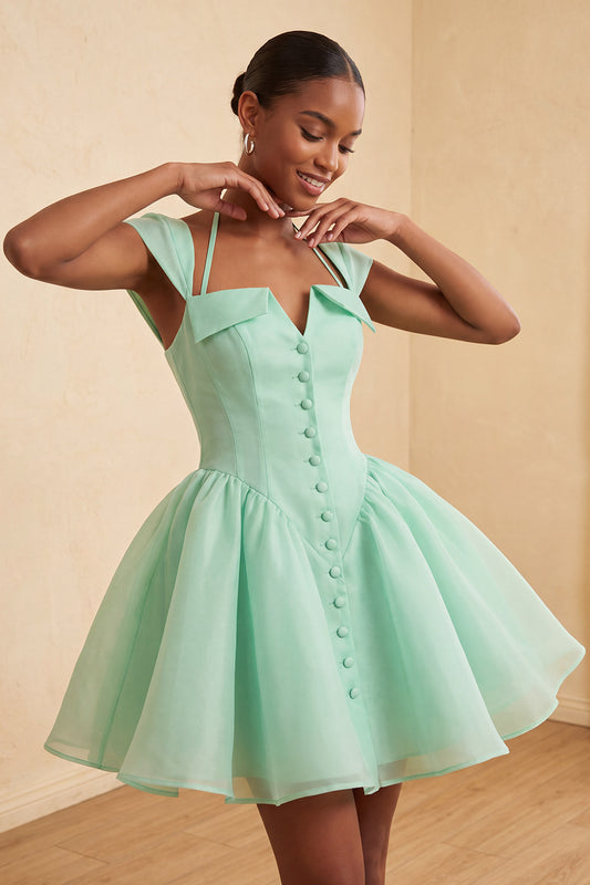 Mint Green A-Line Short Homecoming Dress with Covered Buttons