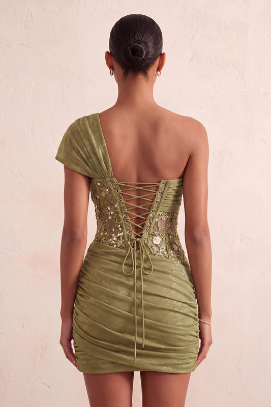 Olive Sequin One Shoulder Tight Short Corset Homecoming Dress with Lace
